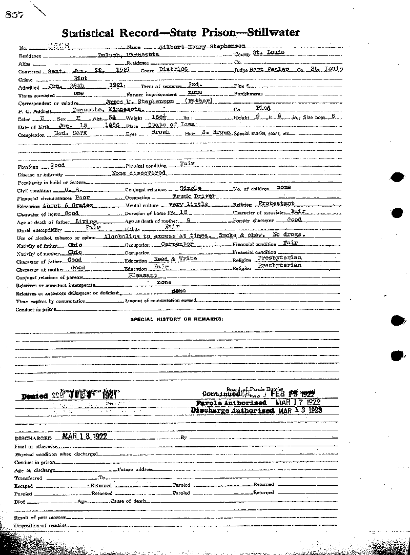 Gilbert Henry Stephenson. Case No. 6598. Stillwater State Prison.