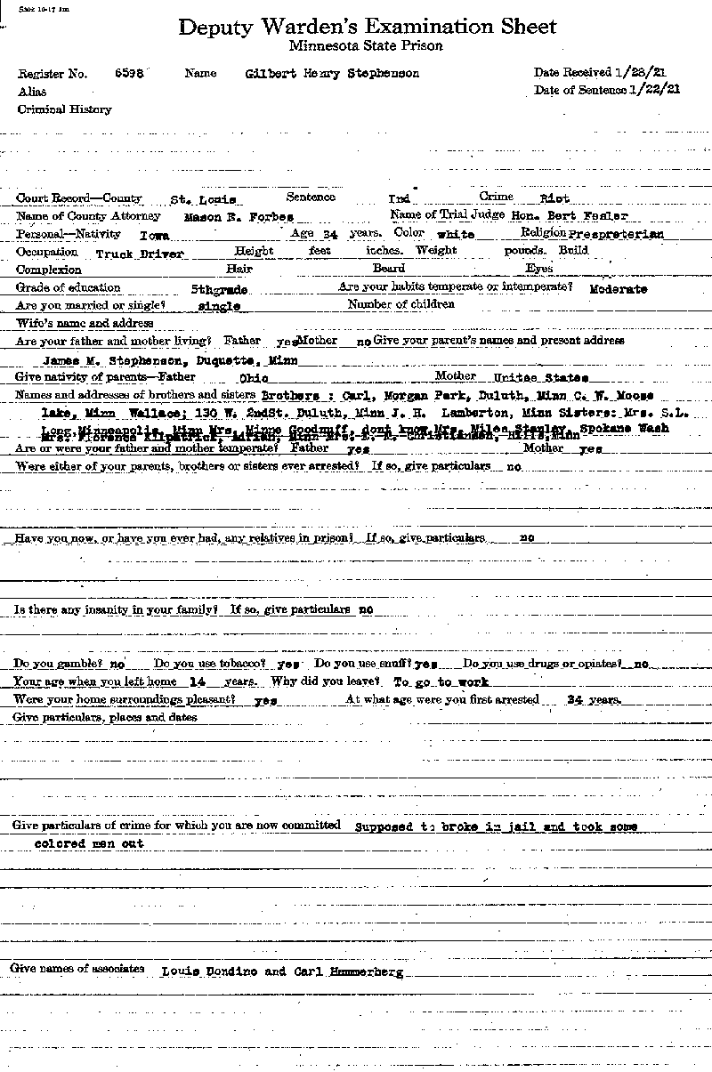 Gilbert Henry Stephenson. Case No. 6598. Deputy Warden's Examination Sheet.--Gov't Record(s)--Deputy Warden's Examination Sheet (gif)