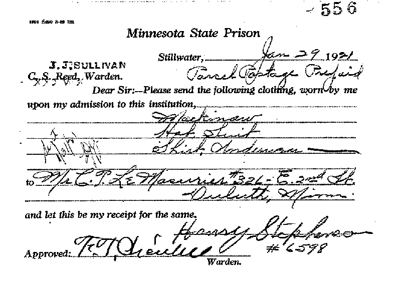 Gilbert Henry Stephenson. Case No. 6598. Forwarding of Clothing.