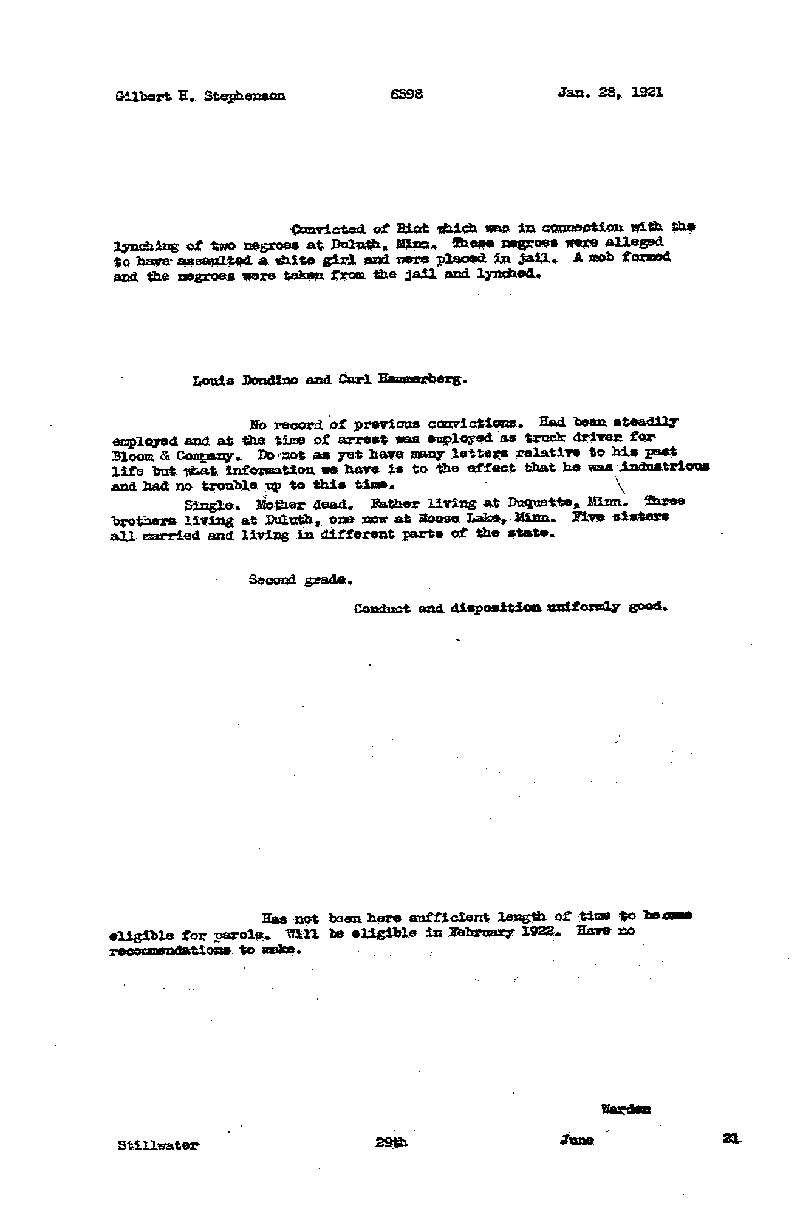 Gilbert Henry Stephenson. Case No. 6598. Warden's Summary, June 29, 1921.