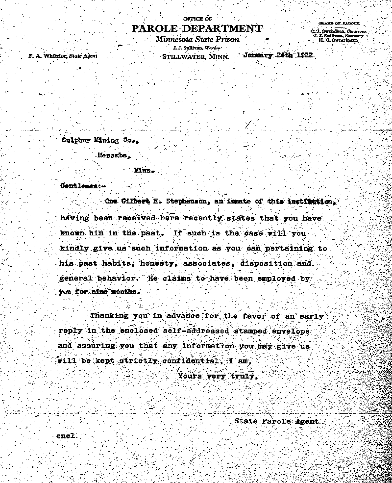 Gilbert Henry Stephenson. Case No. 6598. Letter from Frank A. Whittier to Sulphur Mining Company, January 24, 1922.