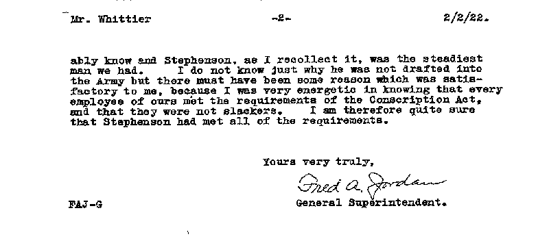  Gilbert Henry Stephenson. Case No. 6598. Letter from Fred A. Jordan to Frank A. Whittier, February 2, 1922.--Correspondence (gif)