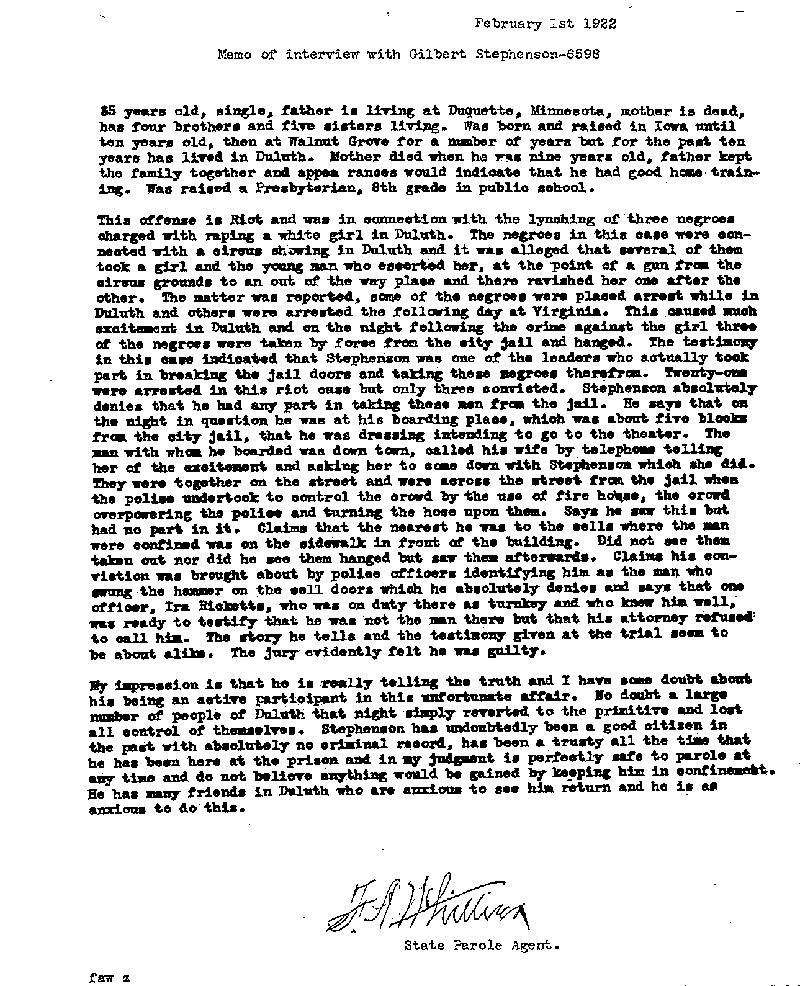 Gilbert Henry Stephenson. Case No. 6598. Memo of Interview with Gilbert Henry Stephenson, February 1, 1922.