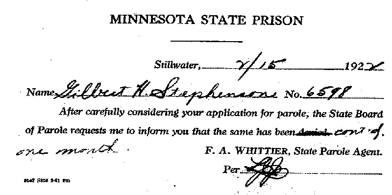 Gilbert Henry Stephenson. Case No. 6598. Parole Notice, February 15, 1922.