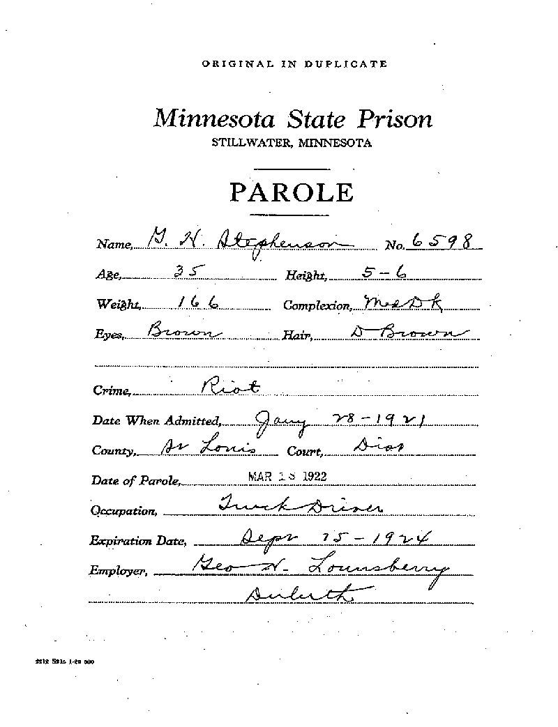 Gilbert Henry Stephenson. Case No. 6598. Parole Agreement, March 18, 1922.--Gov't Record(s)--Parole Agreement (gif)