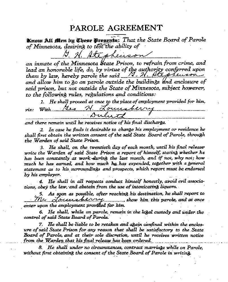 Gilbert Henry Stephenson. Case No. 6598. Parole Agreement, March 18, 1922.--Gov't Record(s)--Parole Agreement (gif)