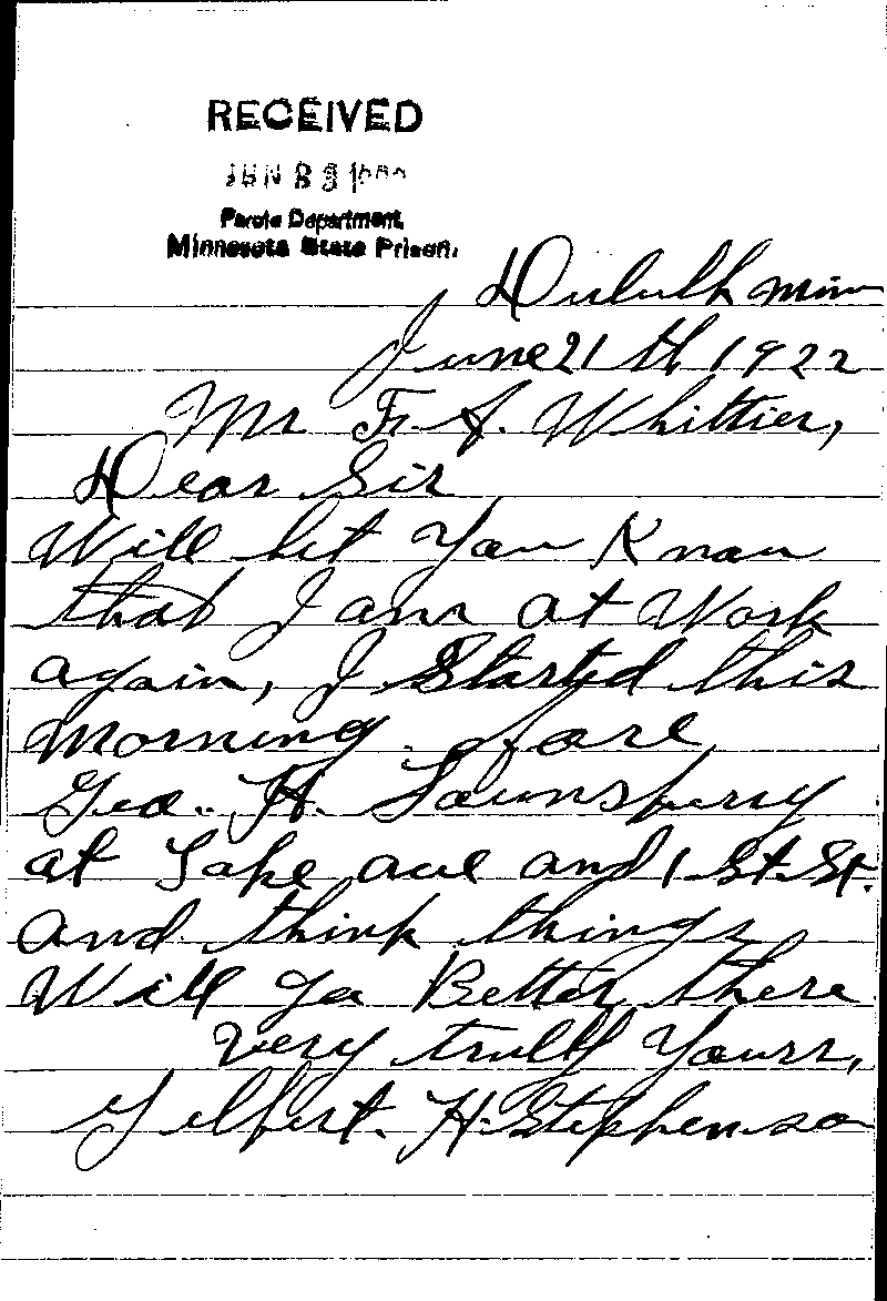 Gilbert Henry Stephenson. Case No. 6598. Letter from Gilbert Henry Stephenson to Frank A. Whittier, June 21, 1922.
