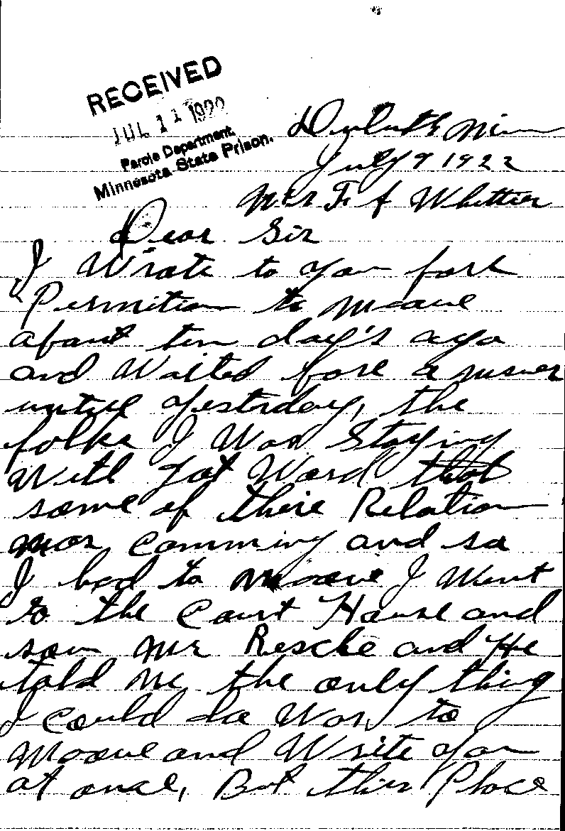 Gilbert Henry Stephenson. Case No. 6598. Letter from Gilbert Henry Stephenson to Frank A. Whittier, July 9, 1922.--Correspondence (gif)