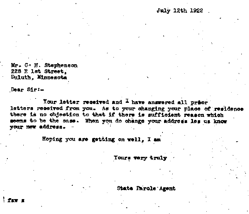 Gilbert Henry Stephenson. Case No. 6598. Letter from Frank A. Whittier to Gilbert Henry Stephenson, July 12, 1922.