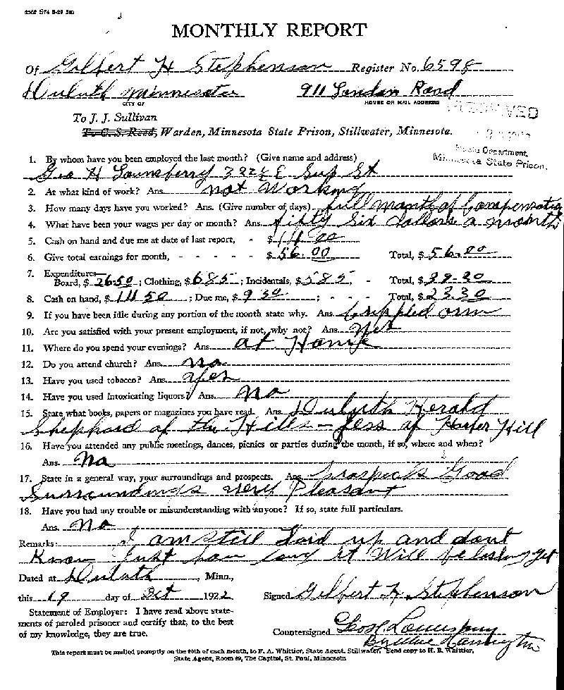 Gilbert Henry Stephenson. Case No. 6598. Monthly Parole Report. October 19, 1922.