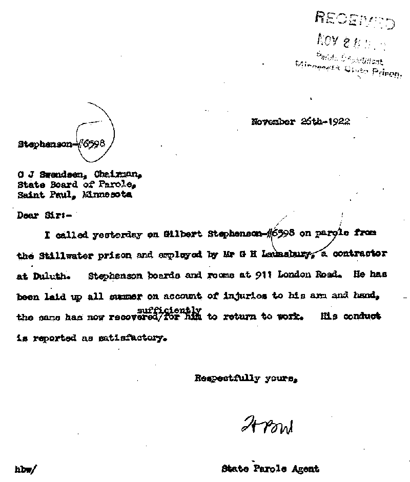 Gilbert Henry Stephenson. Case No. 6598. Letter from H. B. Whittier to C. J. Swendsen, November 26, 1922.