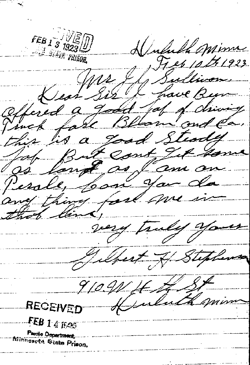 Gilbert Henry Stephenson. Case No. 6598. Letter from Gilbert Henry Stephenson to J. J. Sullivan, February 10, 1923.