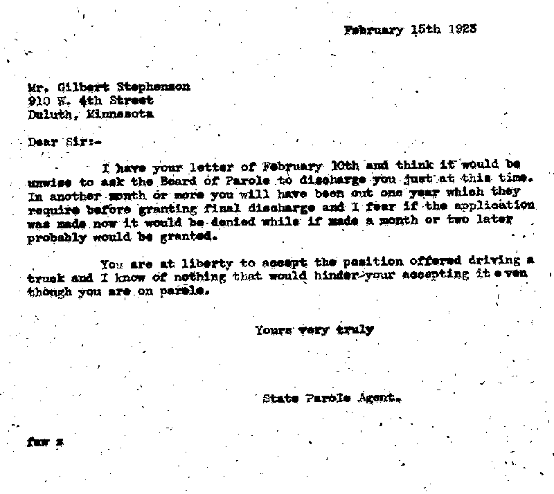 Gilbert Henry Stephenson. Case No. 6598. Letter from Frank A. Whittier to Gilbert Henry Stephenson, February 15, 1923.