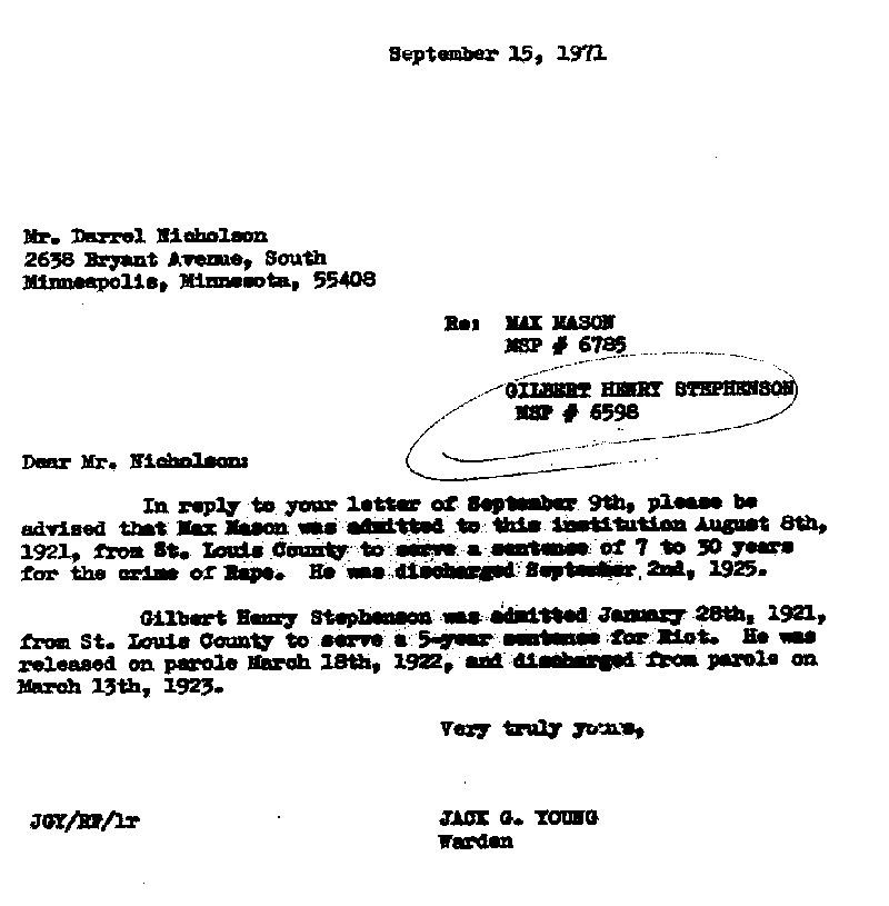 Gilbert Henry Stephenson. Case No. 6598. Letter from Jack Young to Darrel Nicholson, September 15, 1971.