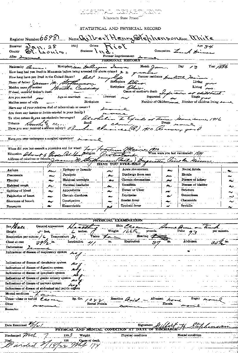 Gilbert Henry Stephenson. Case No. 6598.--Gov't Record(s)--Inmate Medical Case Files (gif)