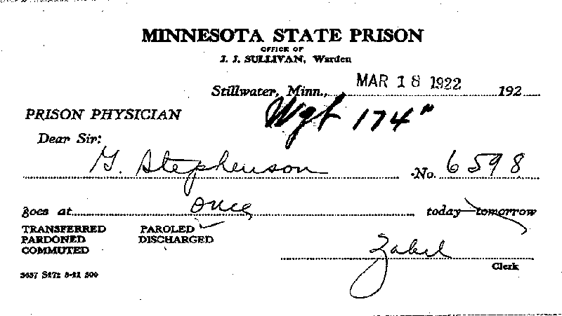 Gilbert Henry Stephenson. Case No. 6598.--Gov't Record(s)--Inmate Medical Case Files (gif)