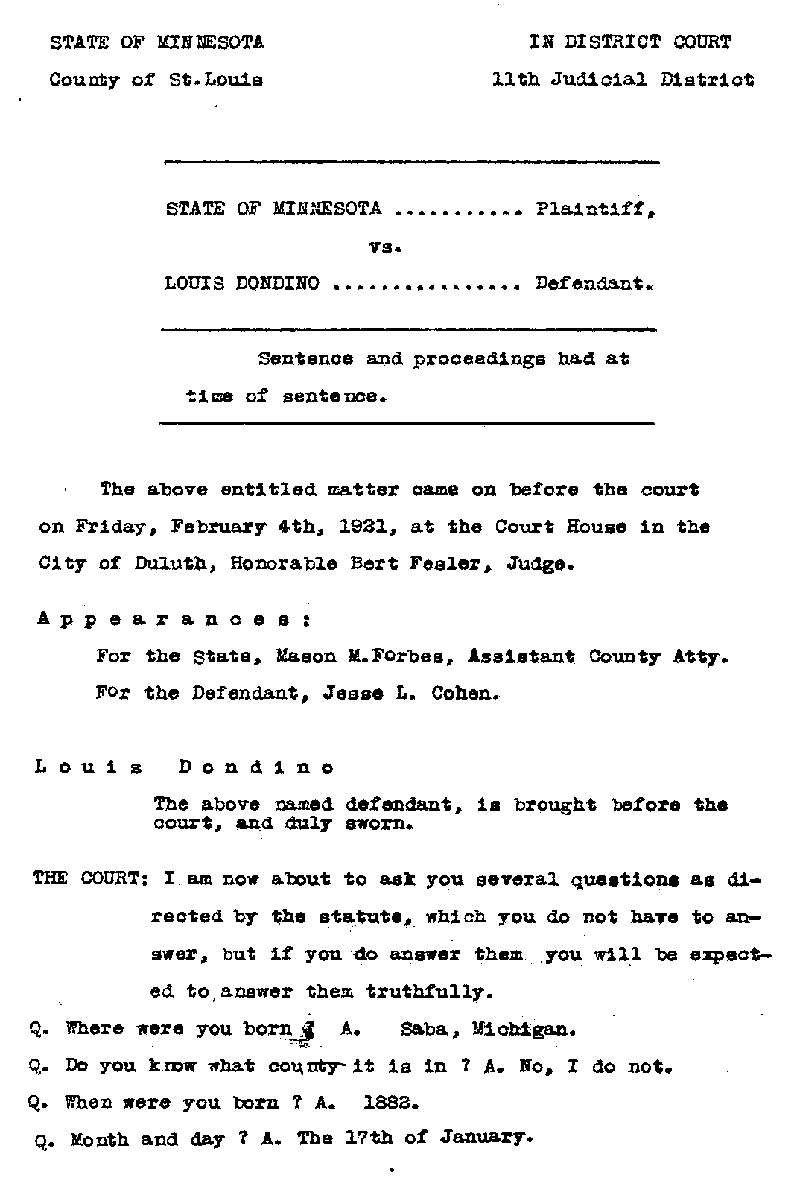 Louis Dondino. Case No. 6614. Sentence Record. February 1921.--Gov't Record(s)--Sentence Record (gif)