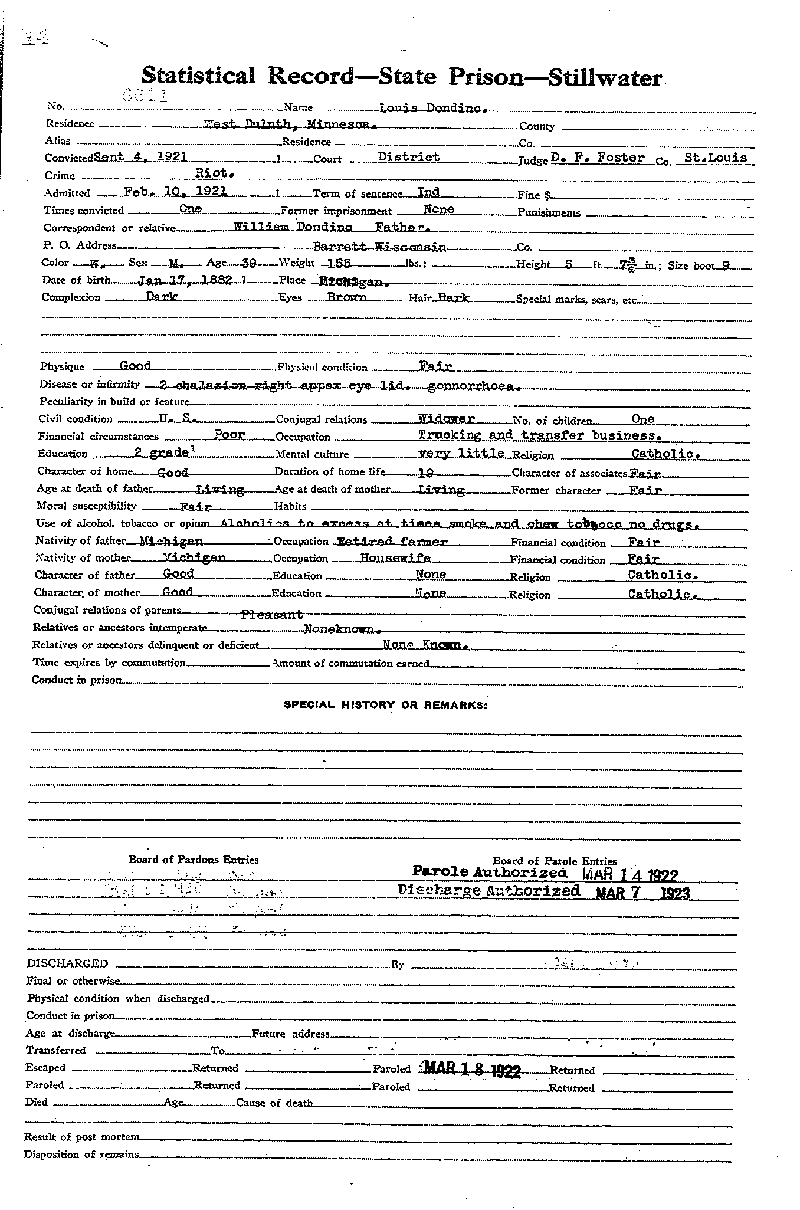 Louis Dondino. Case No. 6614. Stillwater State Prison.