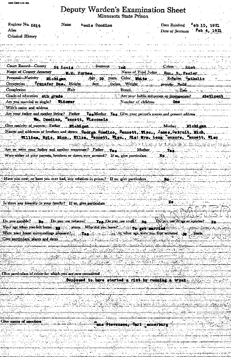 Louis Dondino. Case No. 6614. Deputy Warden's Examination Sheet.--Gov't Record(s)--Deputy Warden's Examination Sheet (gif)