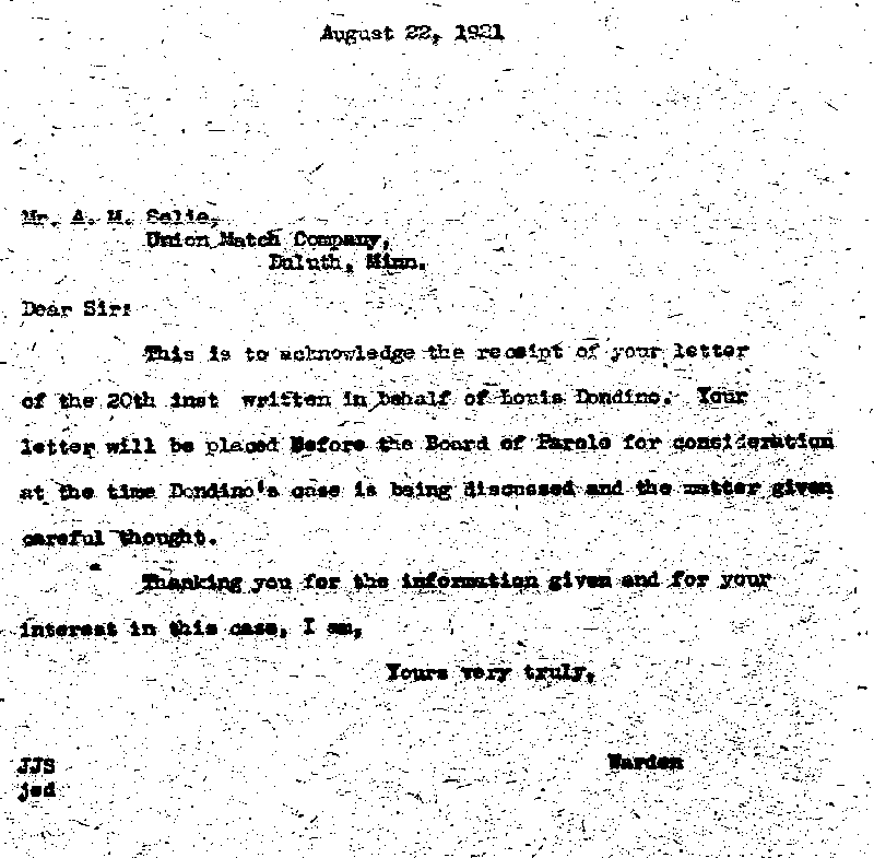 Louis Dondino. Case No. 6614. Letter from J. J. Sullivan to A. M. Solie, August 22, 1921.