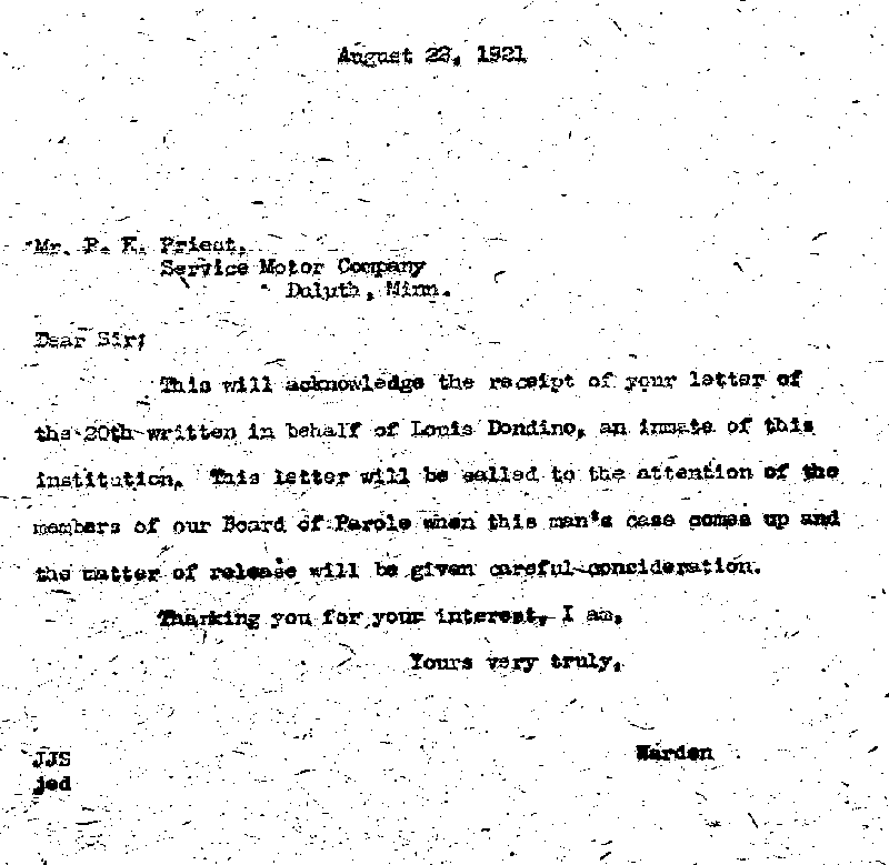 Louis Dondino. Case No. 6614. Letter from J. J. Sullivan to P. K. Priest, August 22, 1921.