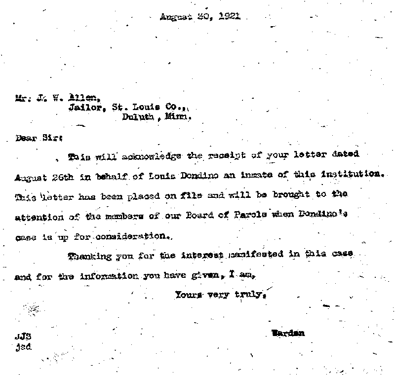 Louis Dondino. Case No. 6614. Letter from J. J. Sullivan to Joe W. Allen, August 30, 1921.