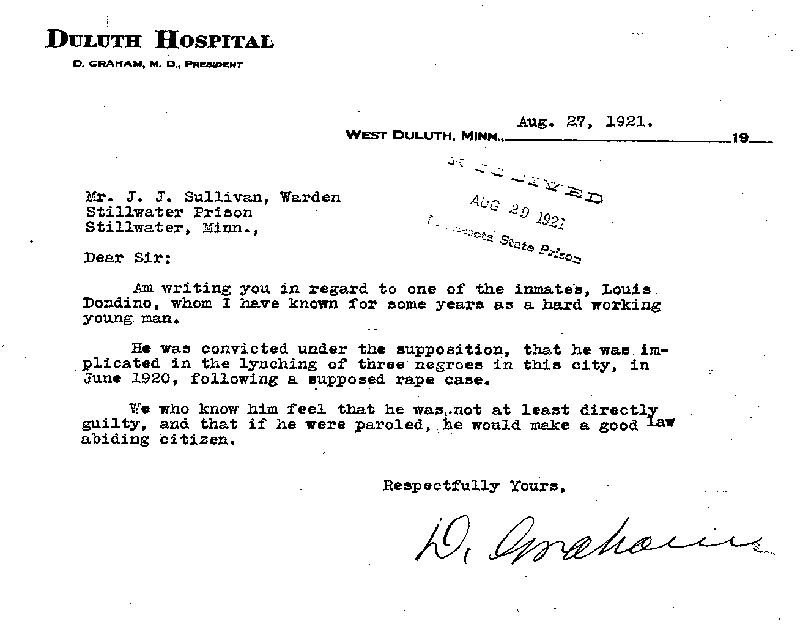 Louis Dondino. Case No. 6614. Letter from D. Graham to J. J. Sullivan, August 27, 1921.