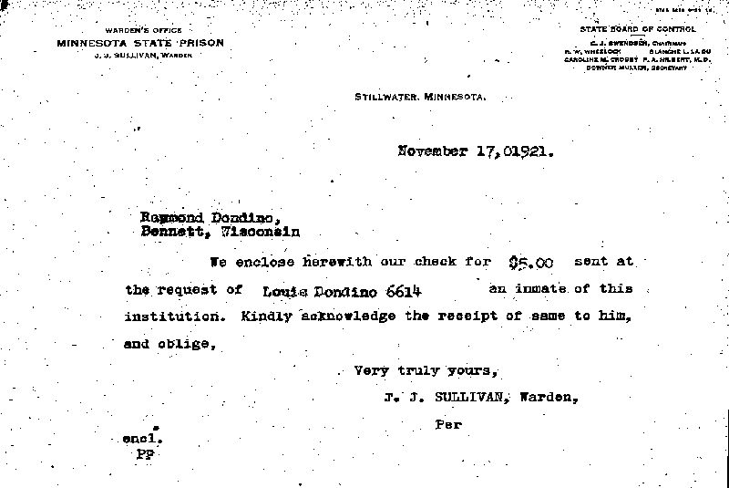 Louis Dondino. Case No. 6614. Letter from J. J. Sullivan to Raymond Dondino, November 17, 1921.