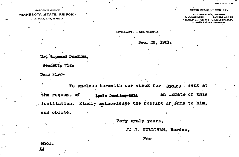 Louis Dondino. Case No. 6614. Letter from J. J. Sullivan to Raymond Dondino, December 20, 1921.