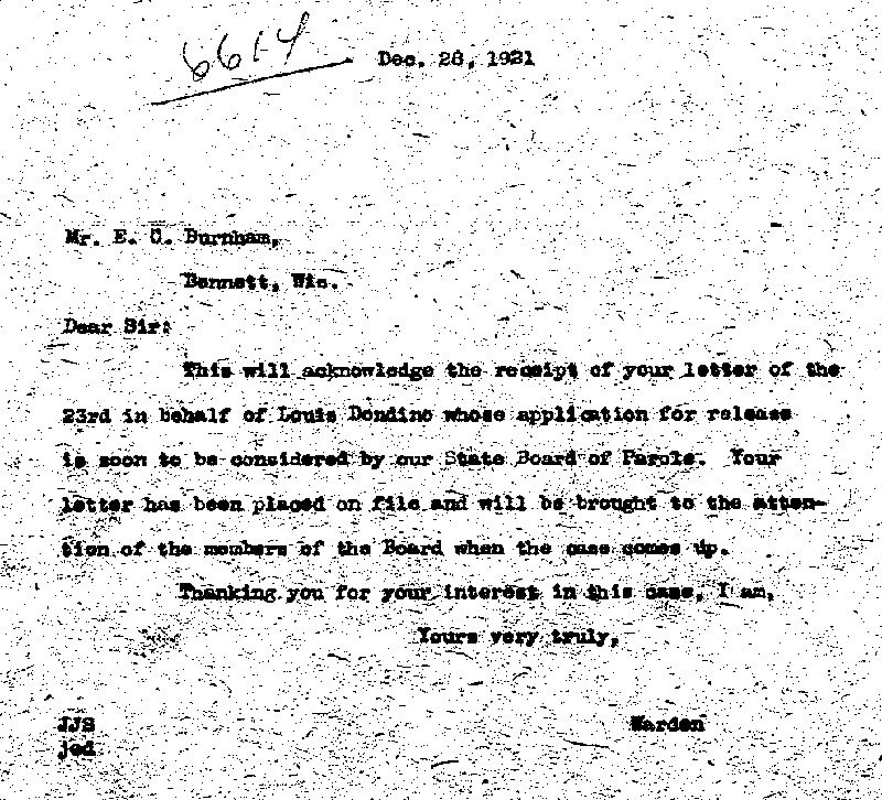 Louis Dondino. Case No. 6614. Letter from J. J. Sullivan to E. C. Burnham, December 28, 1921.