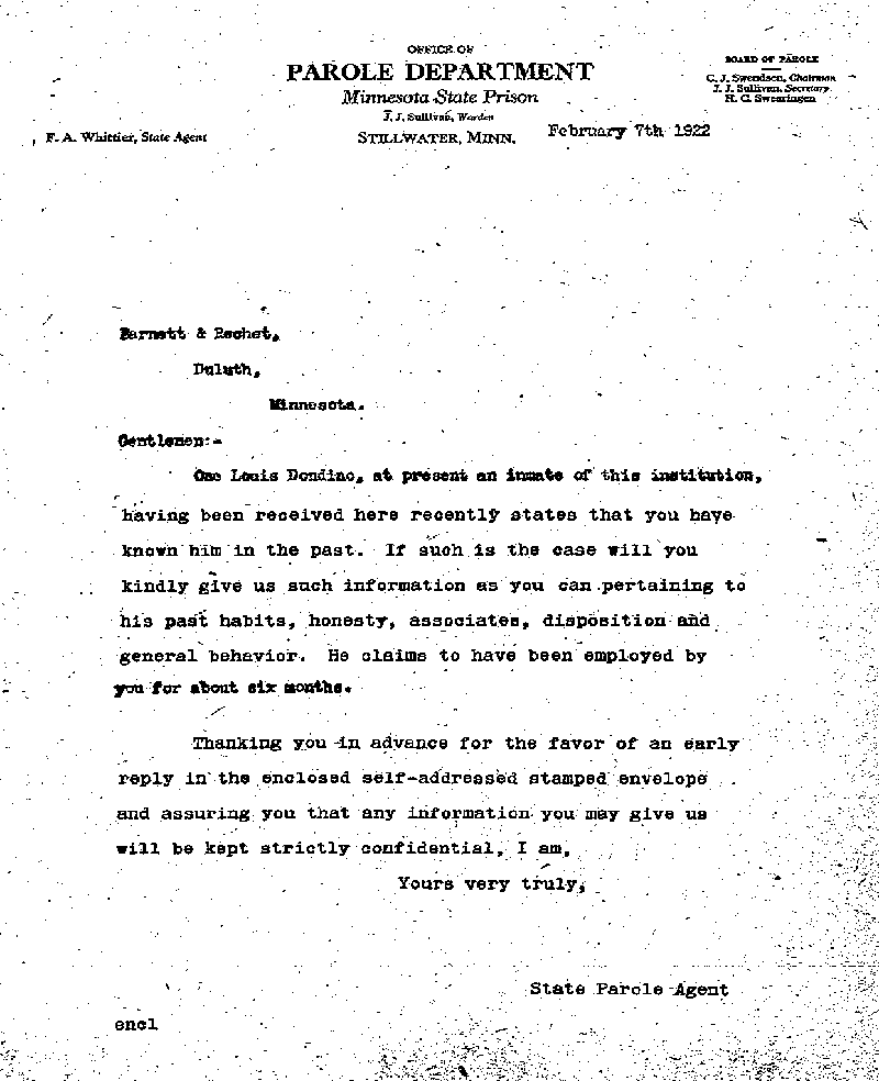Louis Dondino. Case No. 6614. Letter from Frank A. Whittier to Barnett & Record Company, February 7, 1922.