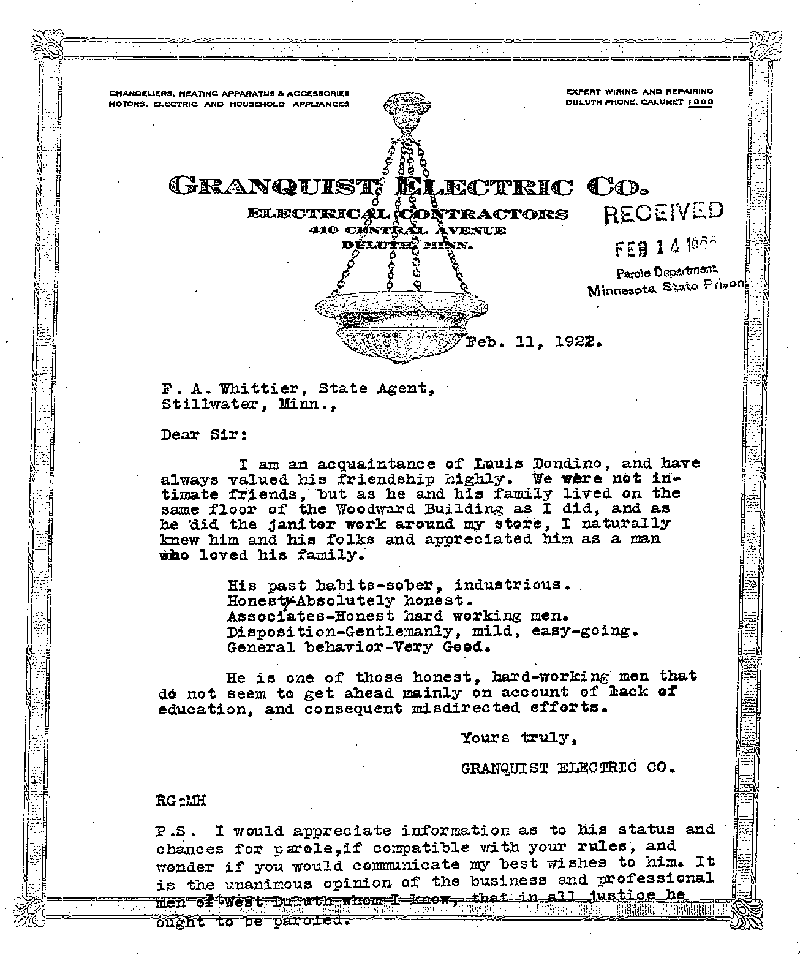 Louis Dondino. Case No. 6614. Letter from Grandquist Electric Company to Frank A. Whittier, February 11, 1922.