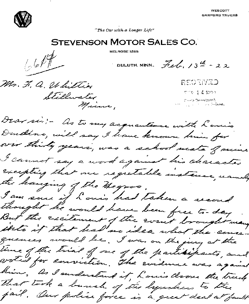 Louis Dondino. Case No. 6614. Letter from F. P. Stevenson to Frank A. Whittier, February 13, 1922.--Correspondence (gif)