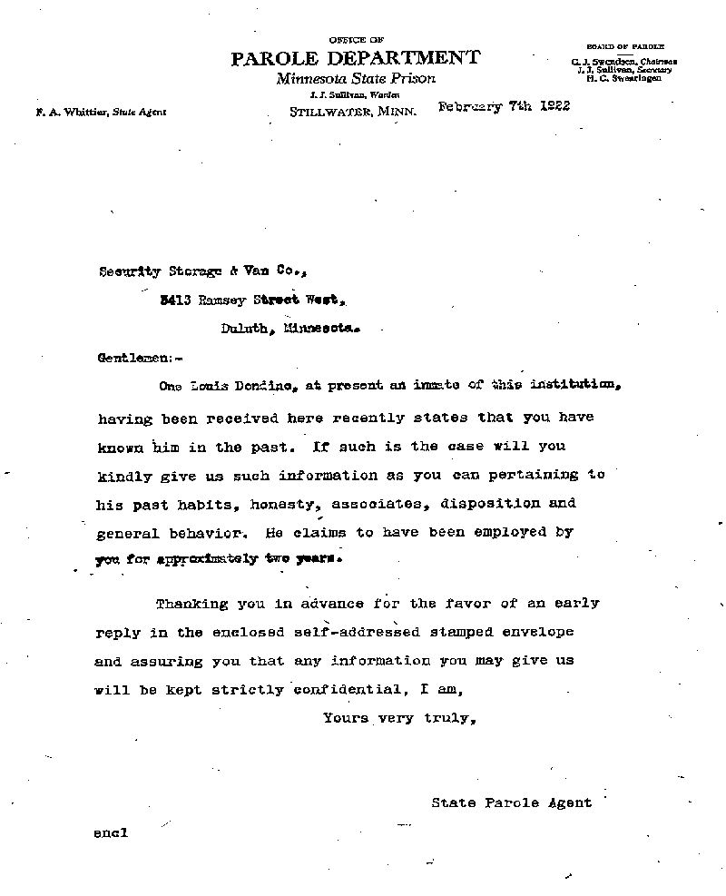 Louis Dondino. Case No. 6614. Letter from Frank A. Whittier to Security Storage & Van Company, February 7, 1922.