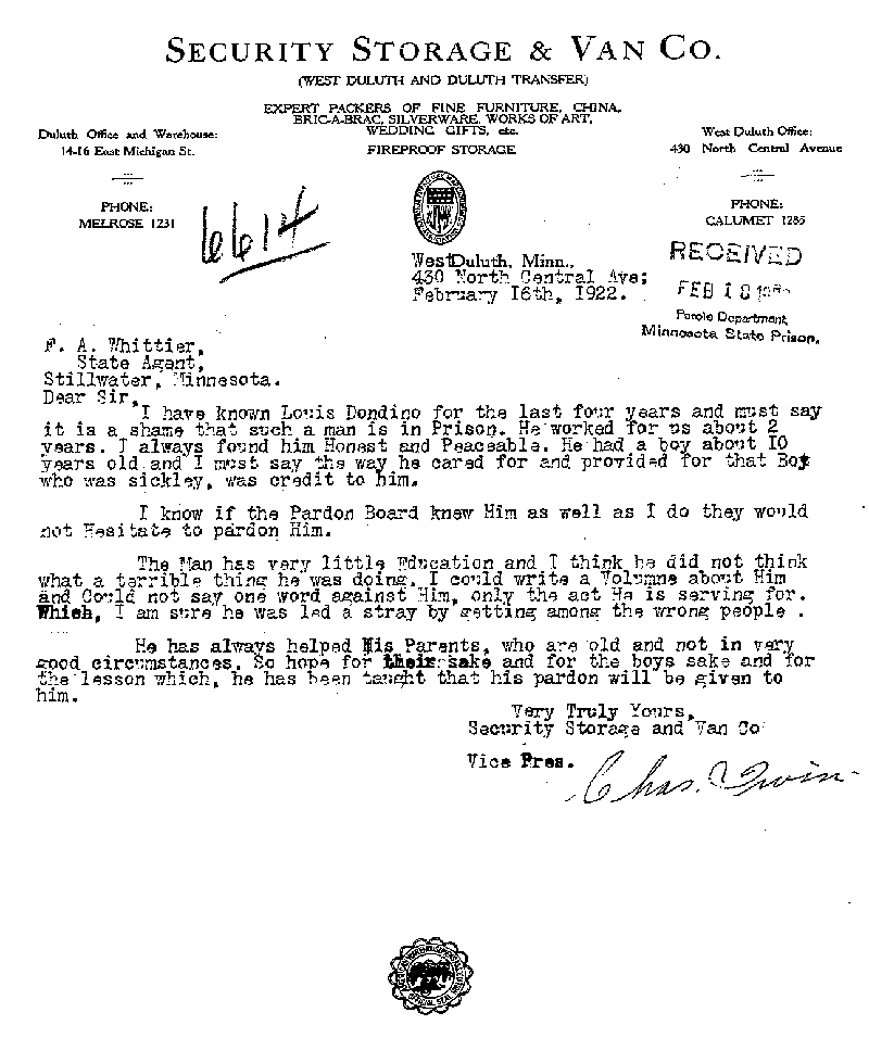 Louis Dondino. Case No. 6614. Letter from Charles Irvin to Frank A. Whittier, February 16, 1922.--Correspondence (gif)