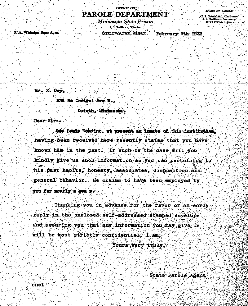 Louis Dondino. Case No. 6614. Letter from Frank A. Whittier to R. Day, February 7, 1922.