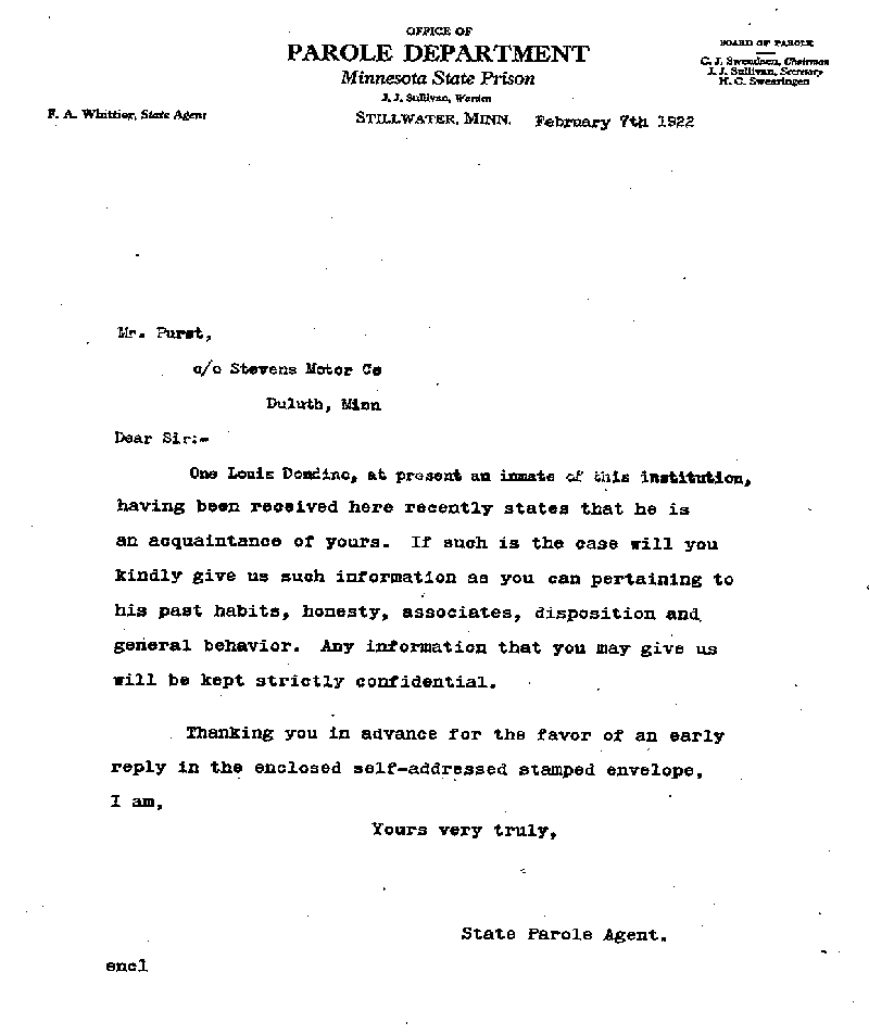 Louis Dondino. Case No. 6614. Letter from Frank A. Whittier to Purst, February 7, 1922.