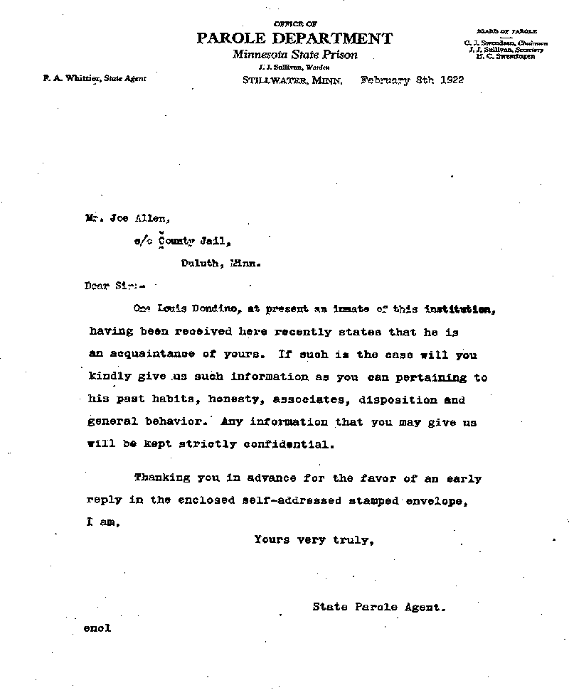 Louis Dondino. Case No. 6614. Letter from Frank A. Whittier to Joe W. Allen, February 8, 1922.