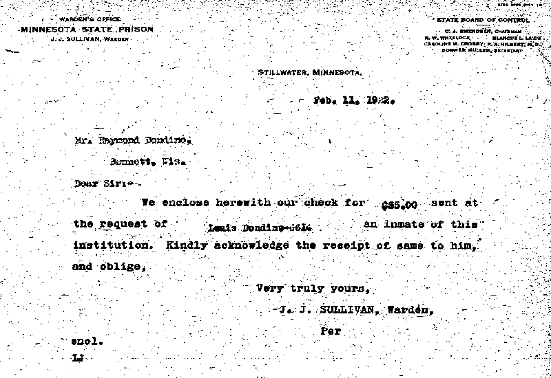 Louis Dondino. Case No. 6614. Letter from J. J. Sullivan to Raymond Dondino, February 11, 1922.
