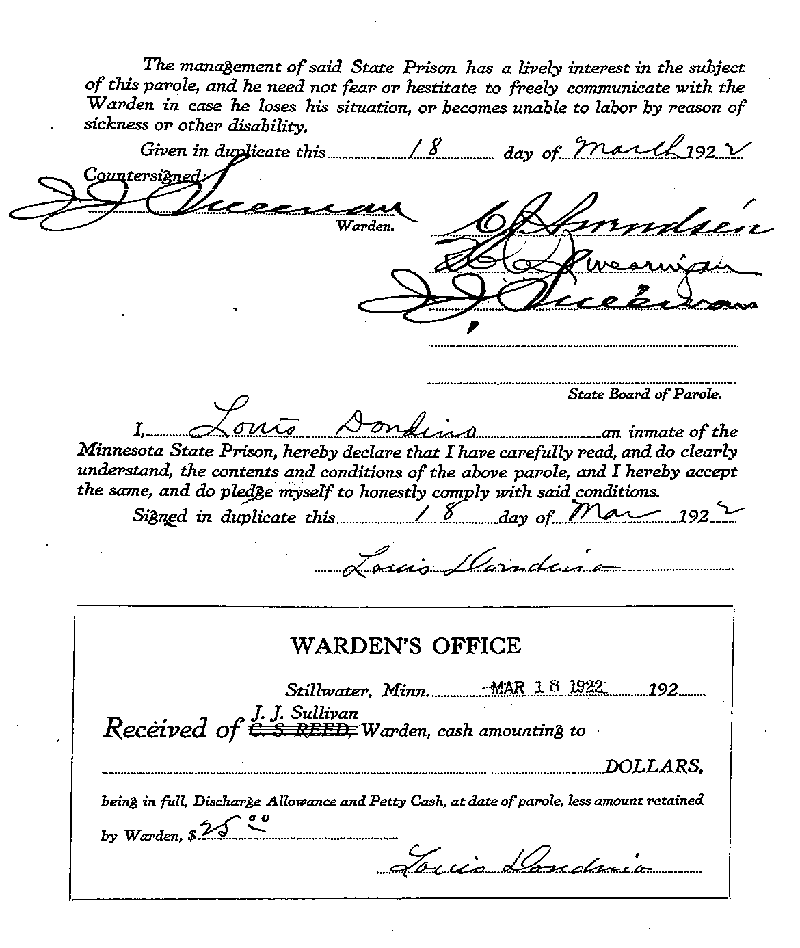 Louis Dondino. Case No. 6614. Parole Agreement, March 18, 1922.--Gov&#039;t Record(s)--Parole Agreement (gif)
