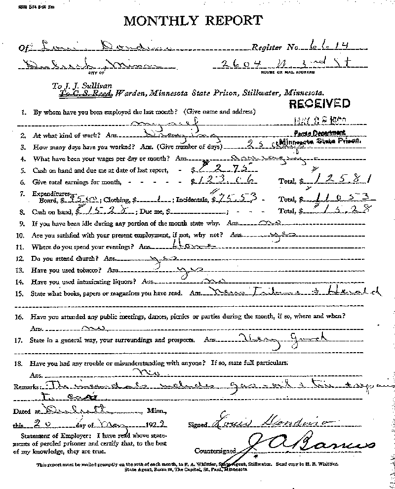 Louis Dondino. Case No. 6614. Monthly Parole Report. May 20, 1922.