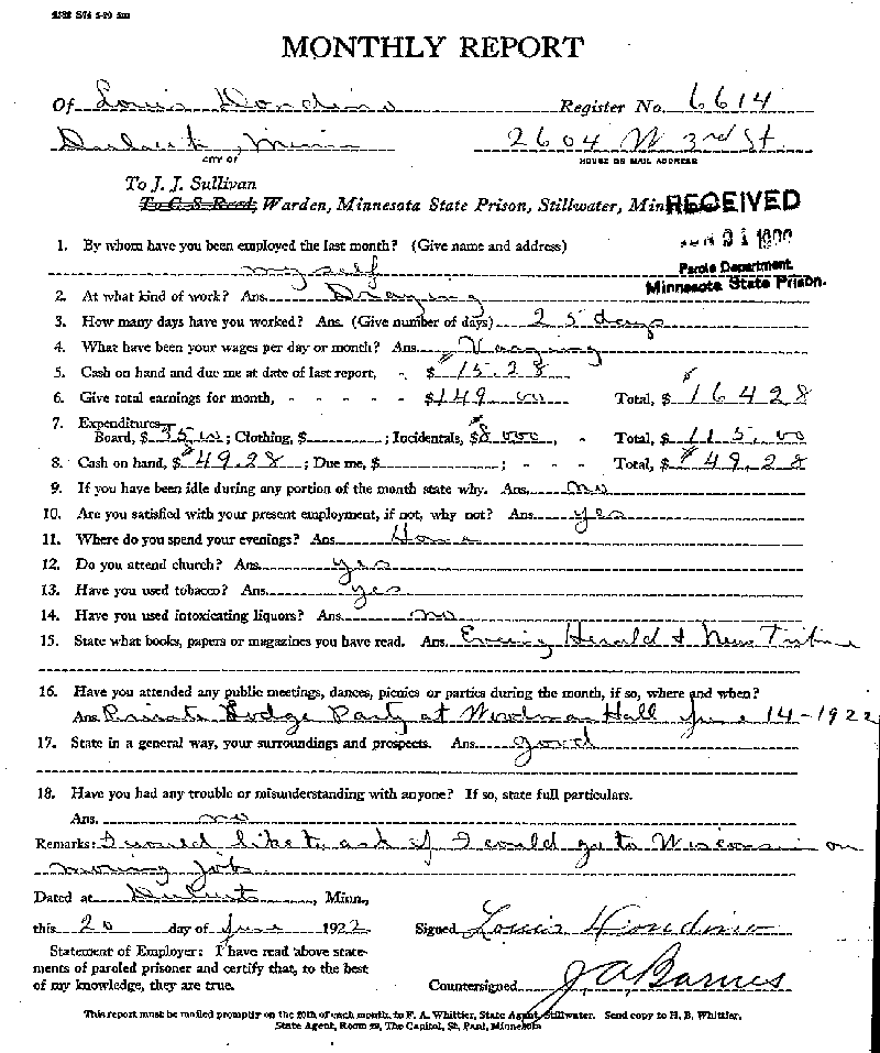 Louis Dondino. Case No. 6614. Monthly Parole Report. June 20, 1922.