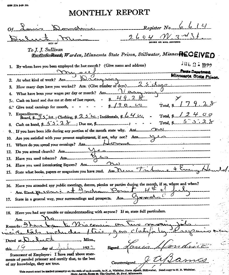 Louis Dondino. Case No. 6614. Monthly Parole Report. July 19, 1922.