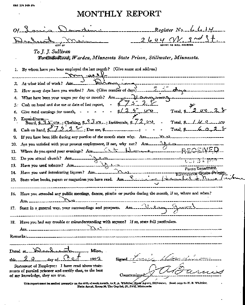 Louis Dondino. Case No. 6614. Monthly Parole Report. October 20, 1922.