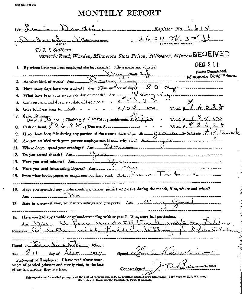 Louis Dondino. Case No. 6614. Monthly Parole Report. December 20, 1922.