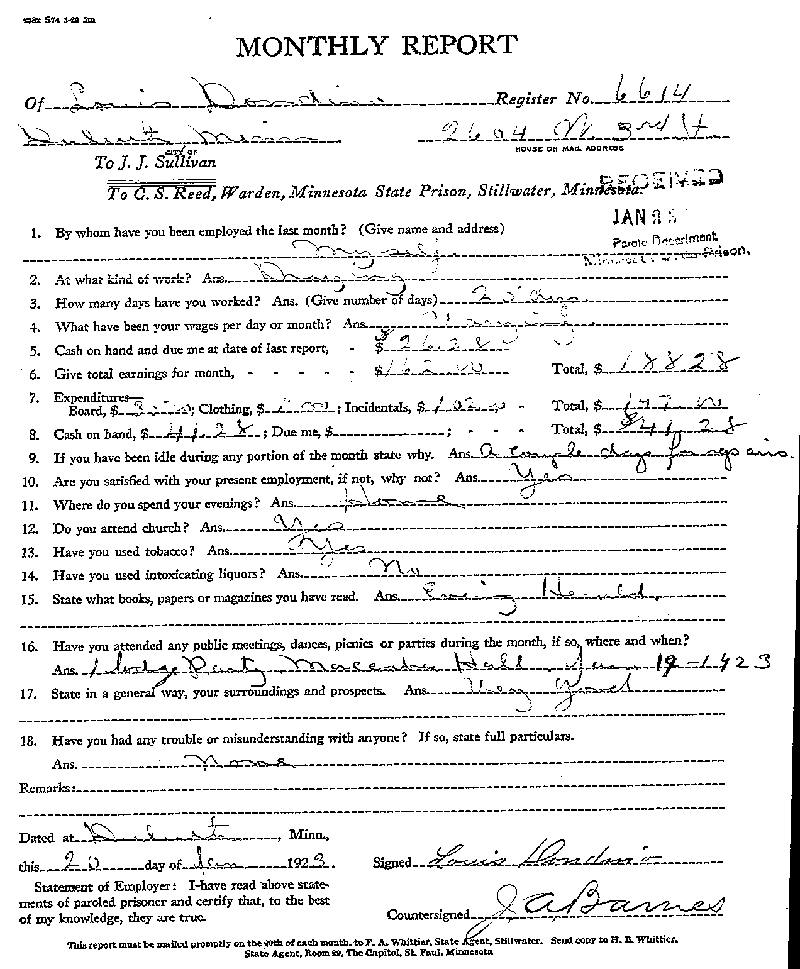 Louis Dondino. Case No. 6614. Monthly Parole Report. January 20, 1923.