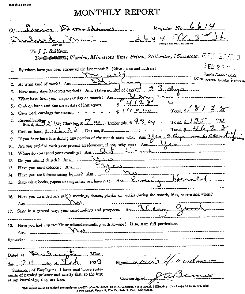 Louis Dondino. Case No. 6614. Monthly Parole Report. February 20, 1923.