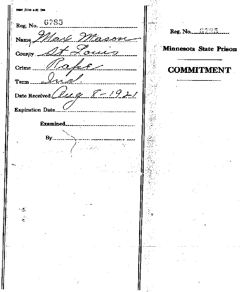 Max Mason. Case No. 6785. Warrant of Commitment. August 1921.--Gov't Record(s)--Warrant of Commitment (gif)