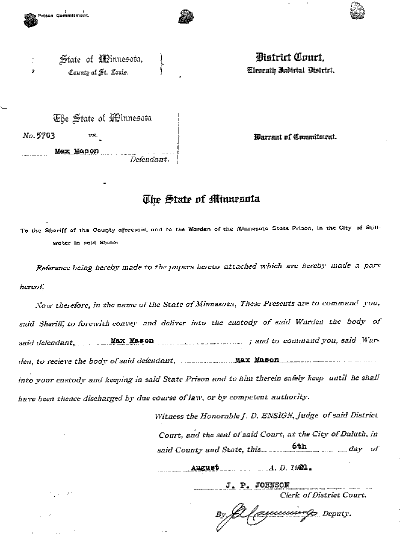 Max Mason. Case No. 6785. Warrant of Commitment. August 1921.--Gov't Record(s)--Warrant of Commitment (gif)