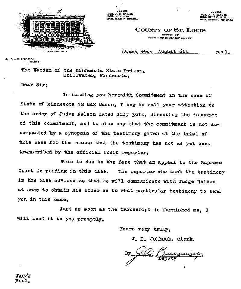 Max Mason. Case No. 6785. Warrant of Commitment. August 1921.--Gov't Record(s)--Warrant of Commitment (gif)